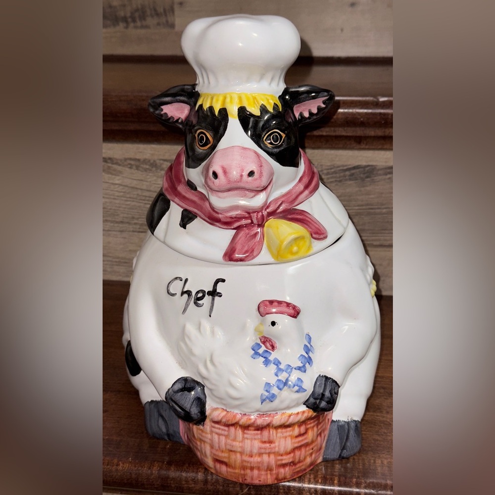 🥰 Vintage CHEF COW 🐄 and Chicken 🐓 Large Lidded Cookie Jar Stoneware by Newcor